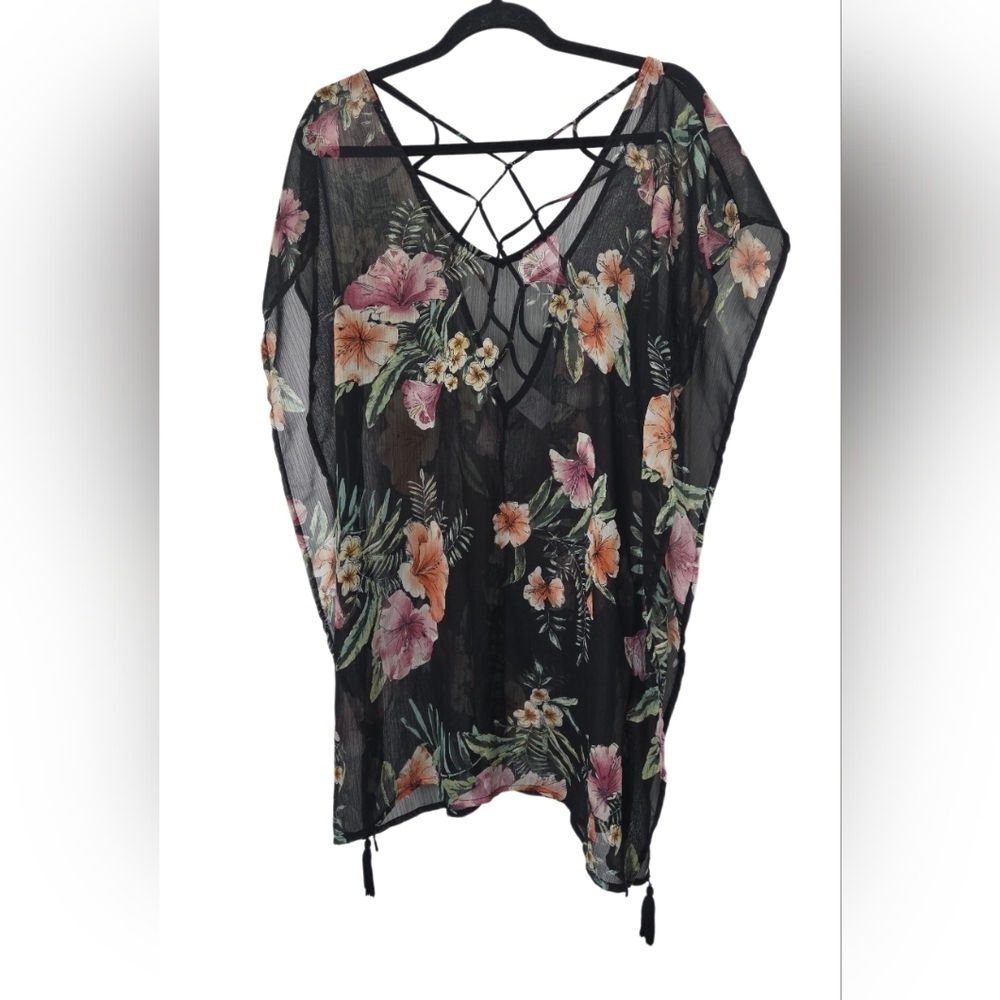 Kona Sol Tropical Print Lattice Back Cover Up, Size Small
